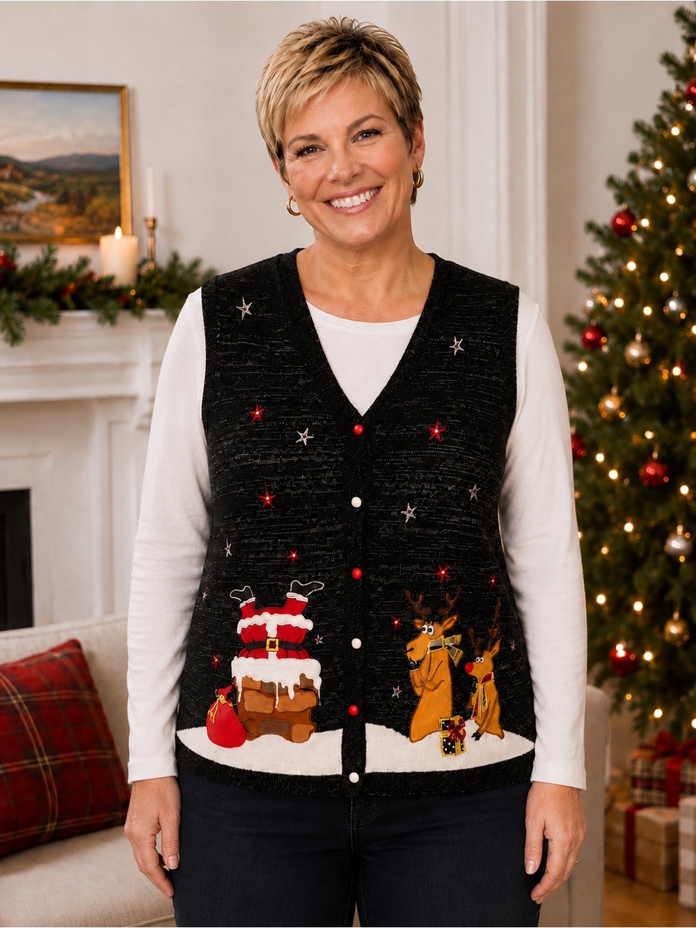 Ugly Christmas Sweater Vest Santa Chimney Reindeer Woman’s Sz 2X Holiday Time